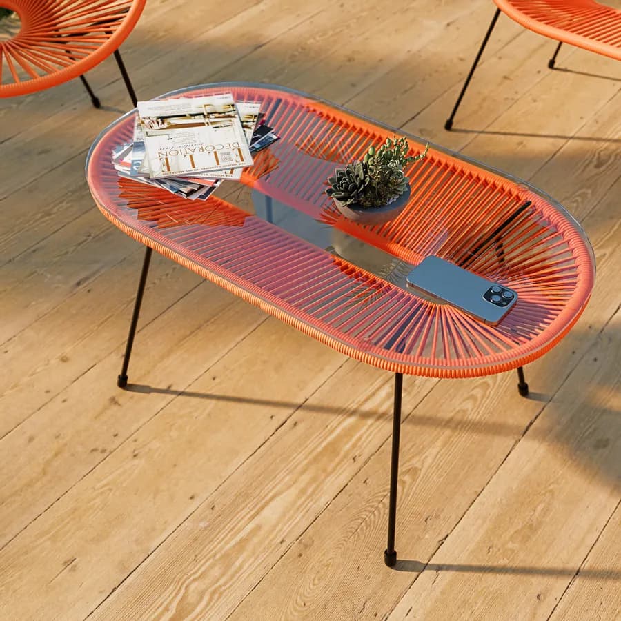 Tavolino da giardino 90x50 cm in metallo nero e corda arancione con top in vetro - Kalimba