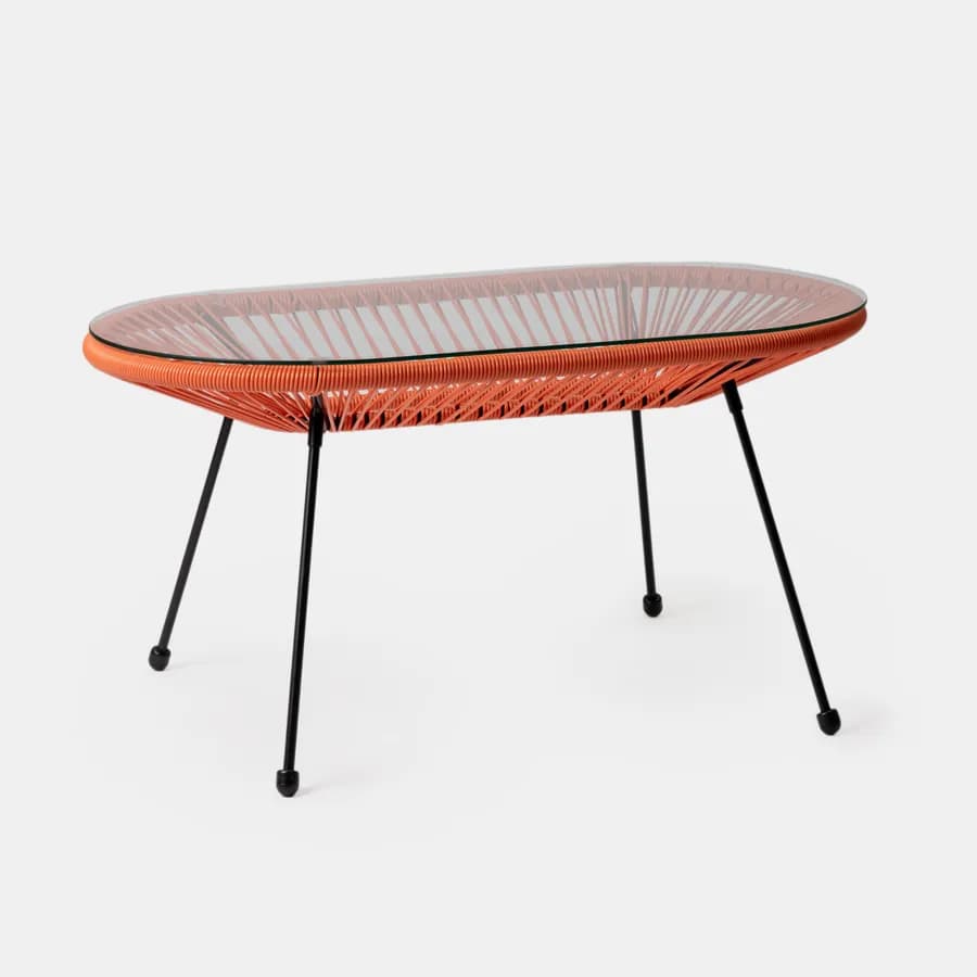 Tavolino da giardino 90x50 cm in metallo nero e corda arancione con top in vetro - Kalimba
