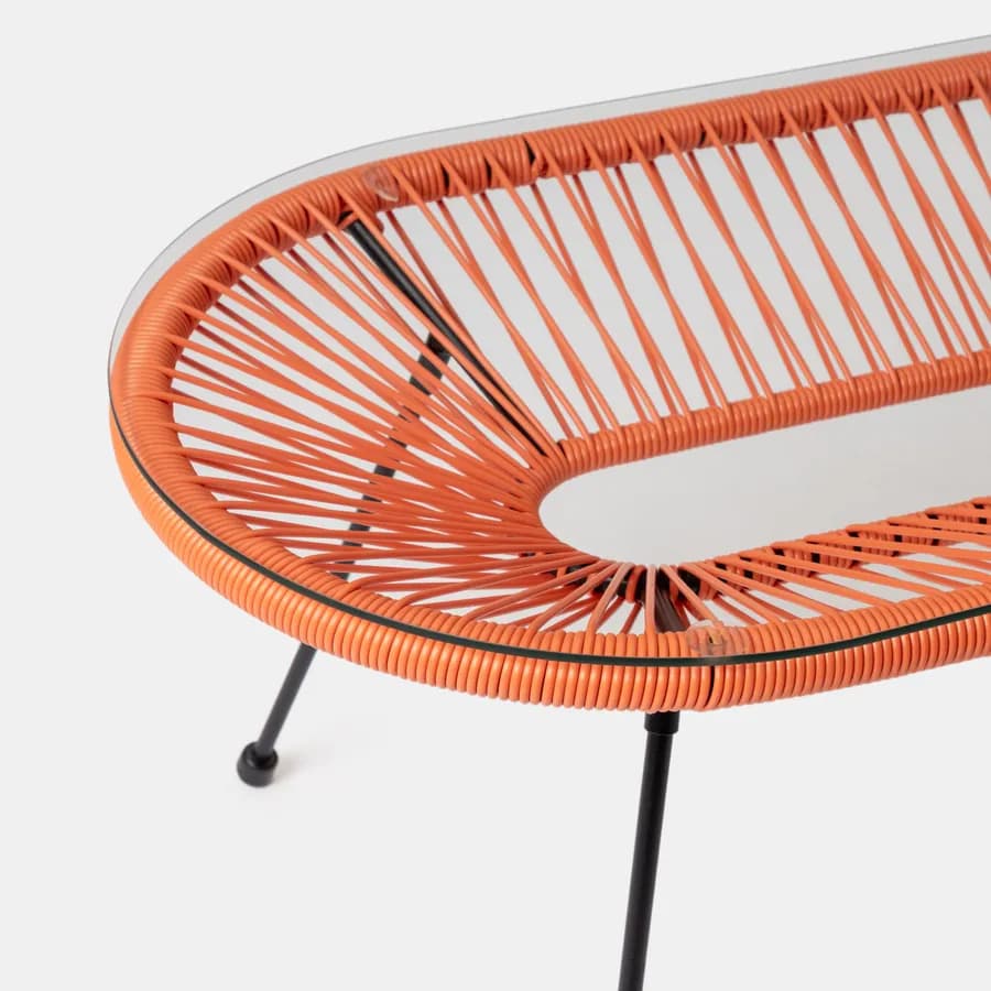 Tavolino da giardino 90x50 cm in metallo nero e corda arancione con top in vetro - Kalimba