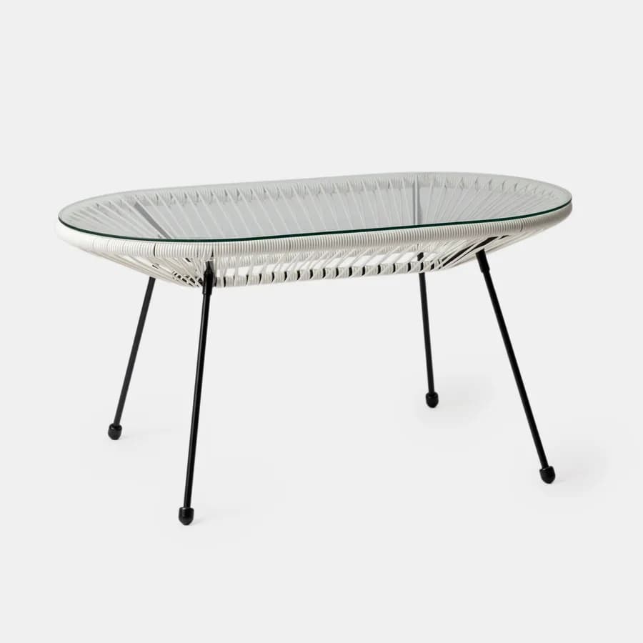Tavolino da giardino 90x50 cm in metallo nero e corda bianca con top in vetro - Kalimba
