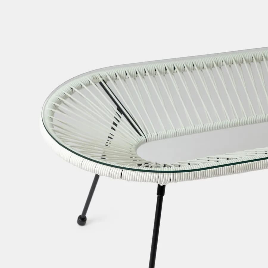 Tavolino da giardino 90x50 cm in metallo nero e corda bianca con top in vetro - Kalimba