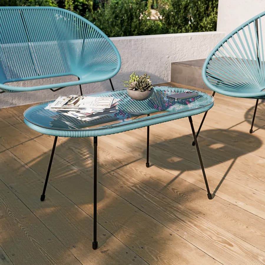Tavolino da giardino 90x50 cm in metallo nero e corda azzurro con top in vetro - Kalimba