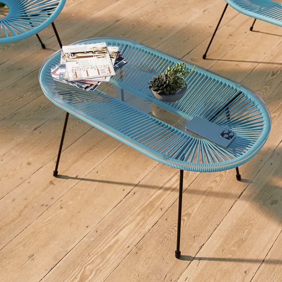 Tavolino da giardino 90x50 cm in metallo nero e corda azzurro con top in vetro - Kalimba