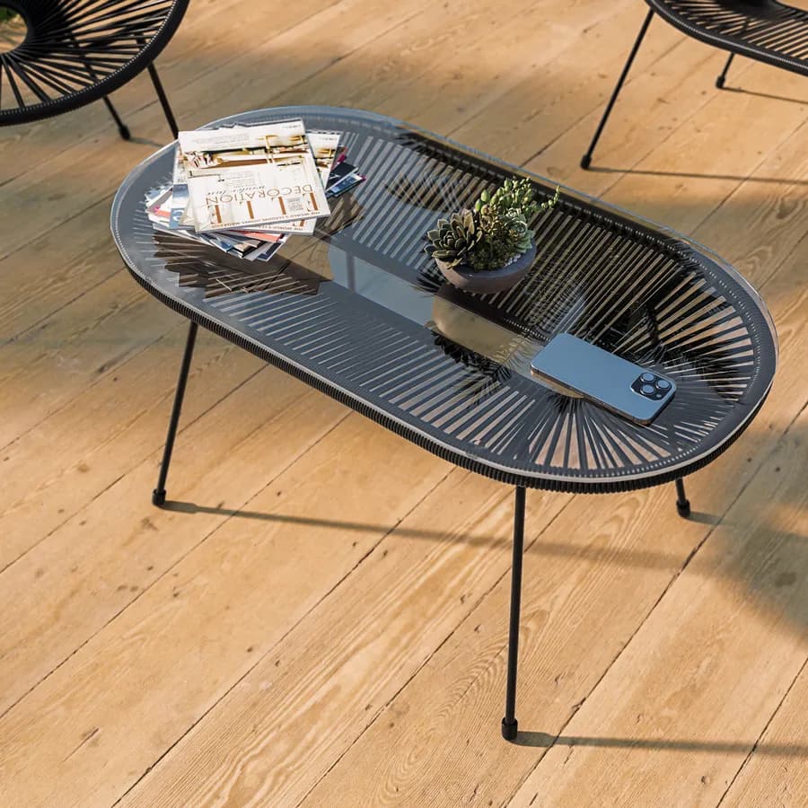 Tavolino da giardino 90x50 cm in corda e metallo nero con top in vetro - Kalimba