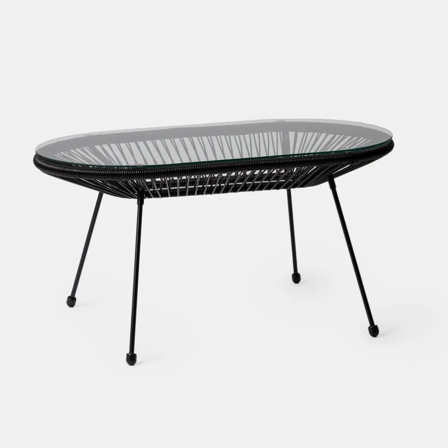 Tavolino da giardino 90x50 cm in corda e metallo nero con top in vetro - Kalimba