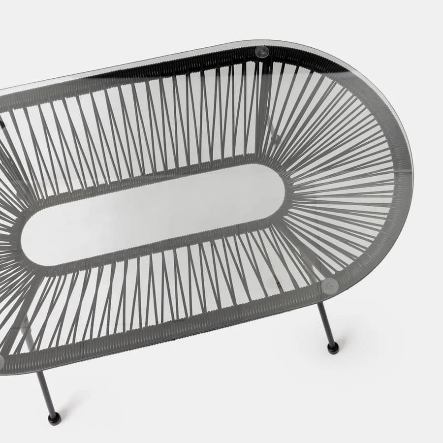 Tavolino da giardino 90x50 cm in corda e metallo nero con top in vetro - Kalimba