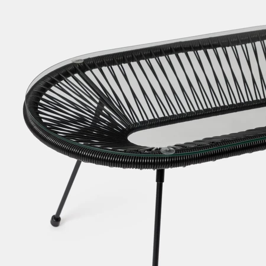 Tavolino da giardino 90x50 cm in corda e metallo nero con top in vetro - Kalimba
