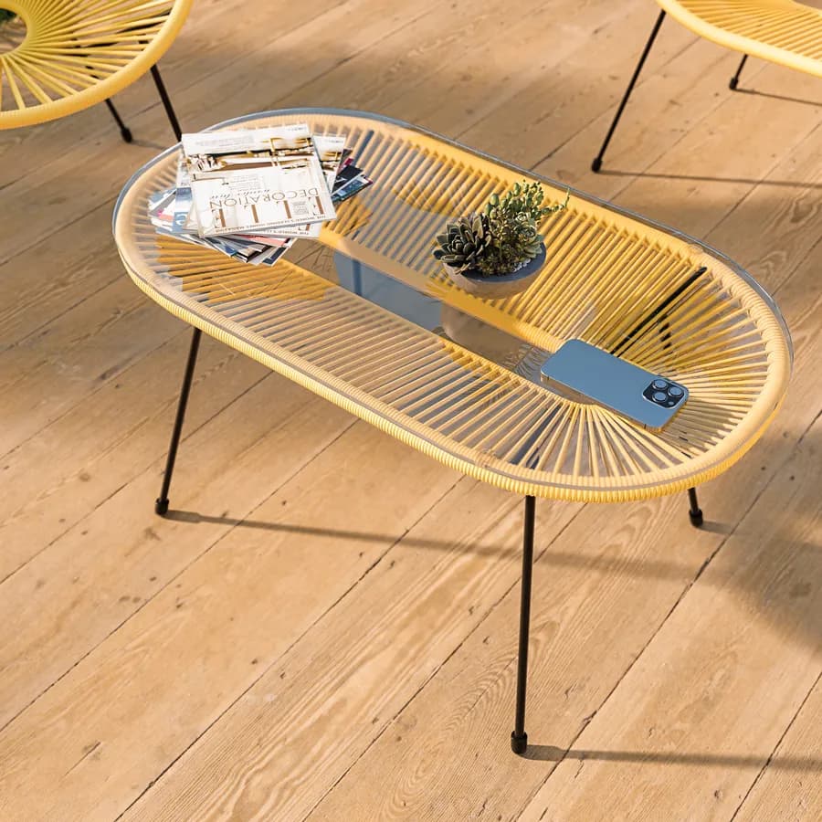 Tavolino da giardino 90x50 cm in metallo nero e corda gialla con top in vetro - Kalimba