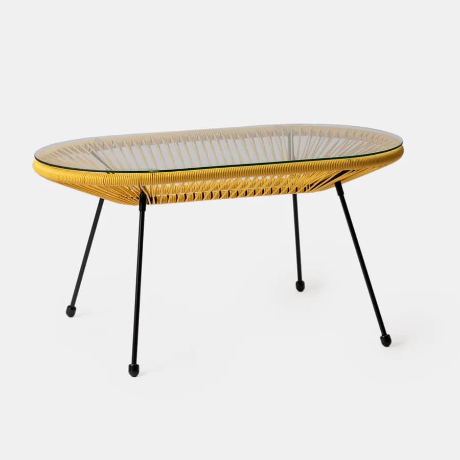 Tavolino da giardino 90x50 cm in metallo nero e corda gialla con top in vetro - Kalimba