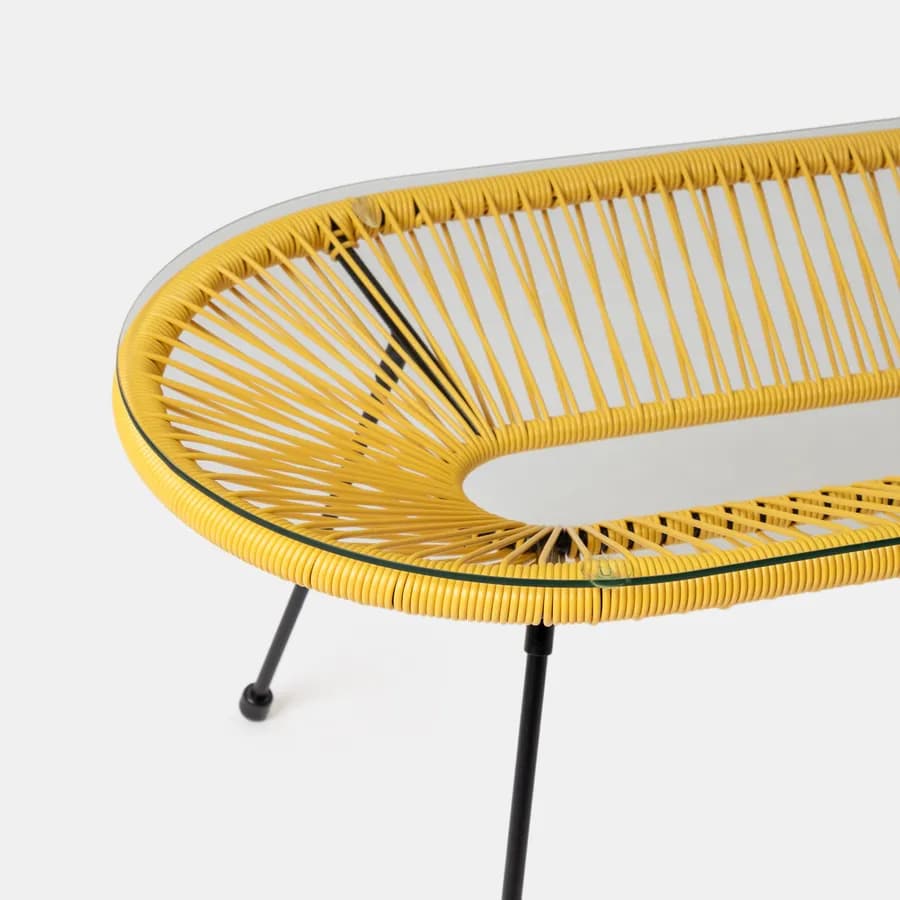 Tavolino da giardino 90x50 cm in metallo nero e corda gialla con top in vetro - Kalimba