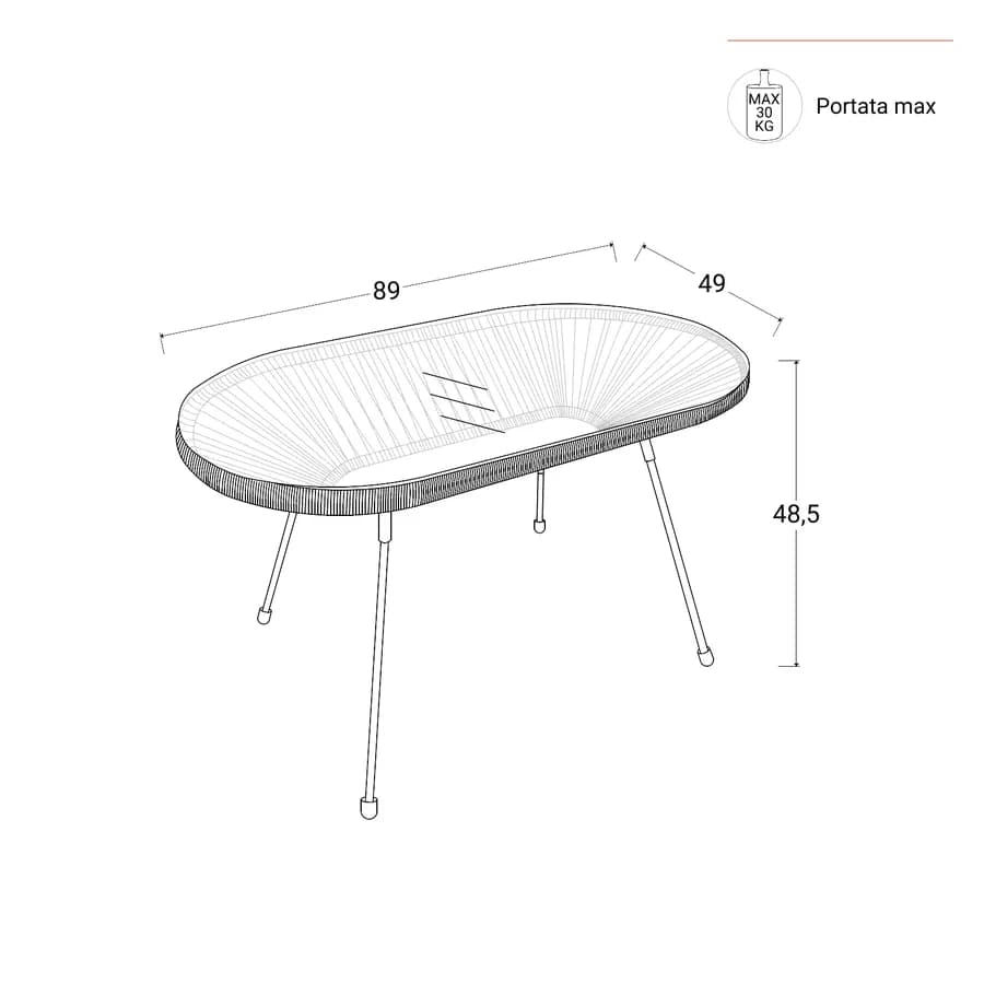 Tavolino da giardino 90x50 cm in metallo nero e corda gialla con top in vetro - Kalimba