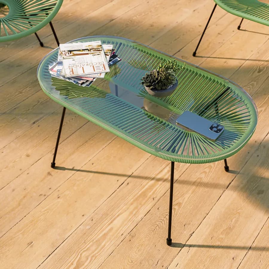 Tavolino da giardino 90x50 cm in metallo nero e corda verde con top in vetro - Kalimba