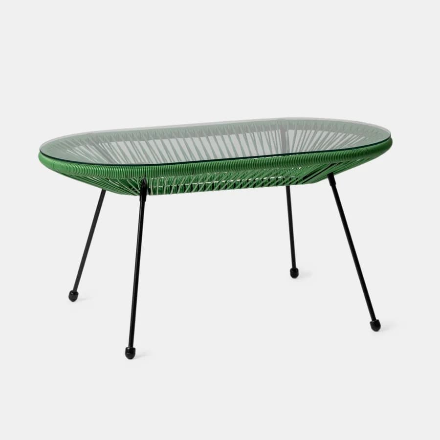 Tavolino da giardino 90x50 cm in metallo nero e corda verde con top in vetro - Kalimba