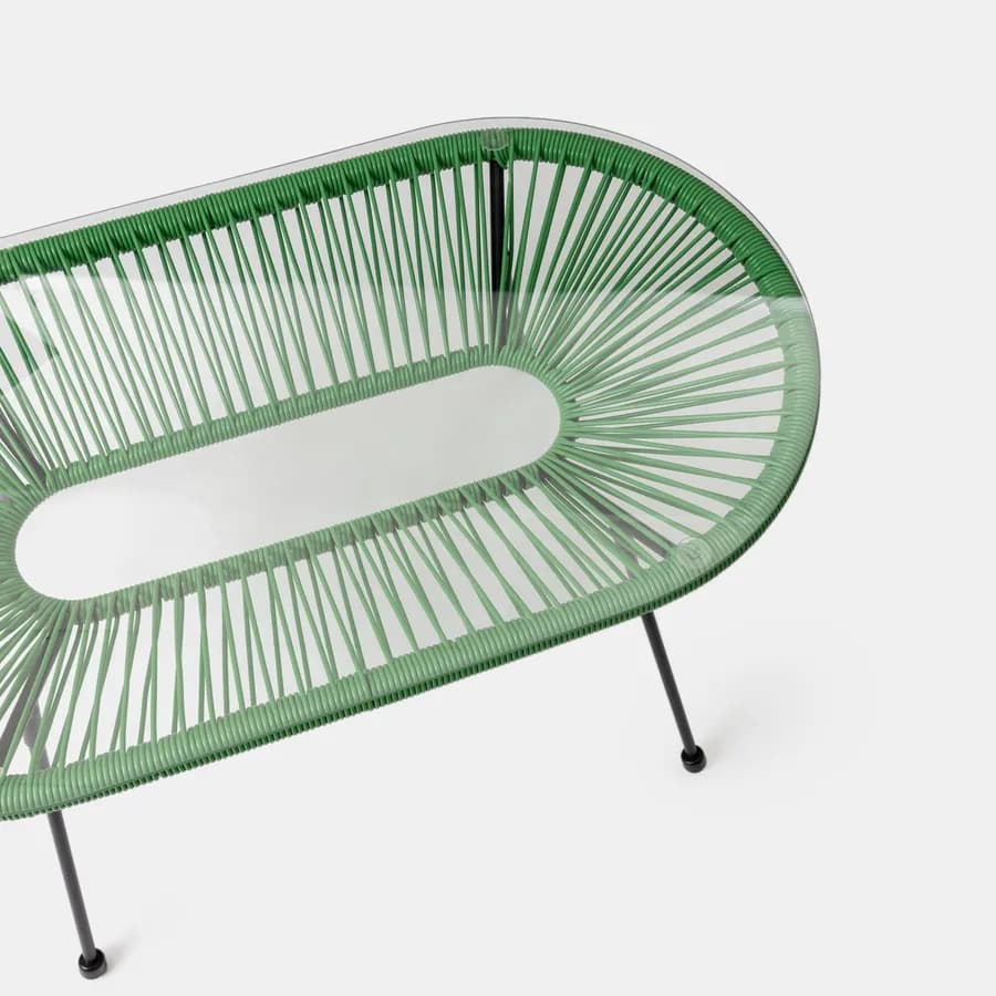 Tavolino da giardino 90x50 cm in metallo nero e corda verde con top in vetro - Kalimba