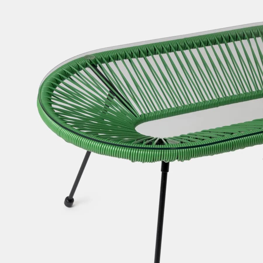 Tavolino da giardino 90x50 cm in metallo nero e corda verde con top in vetro - Kalimba