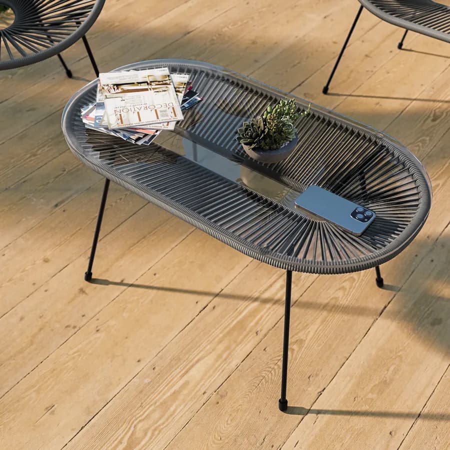 Tavolino da giardino 90x50 cm metallo nero e corda grigia con top in vetro - Kalimba