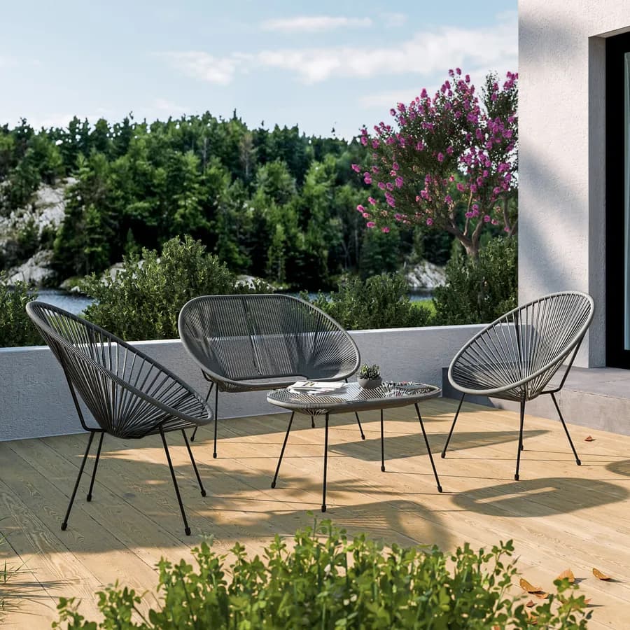 Tavolino da giardino 90x50 cm metallo nero e corda grigia con top in vetro - Kalimba