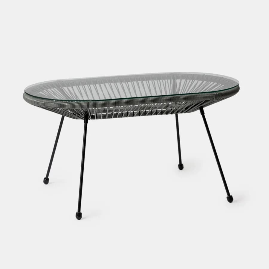 Tavolino da giardino 90x50 cm metallo nero e corda grigia con top in vetro - Kalimba