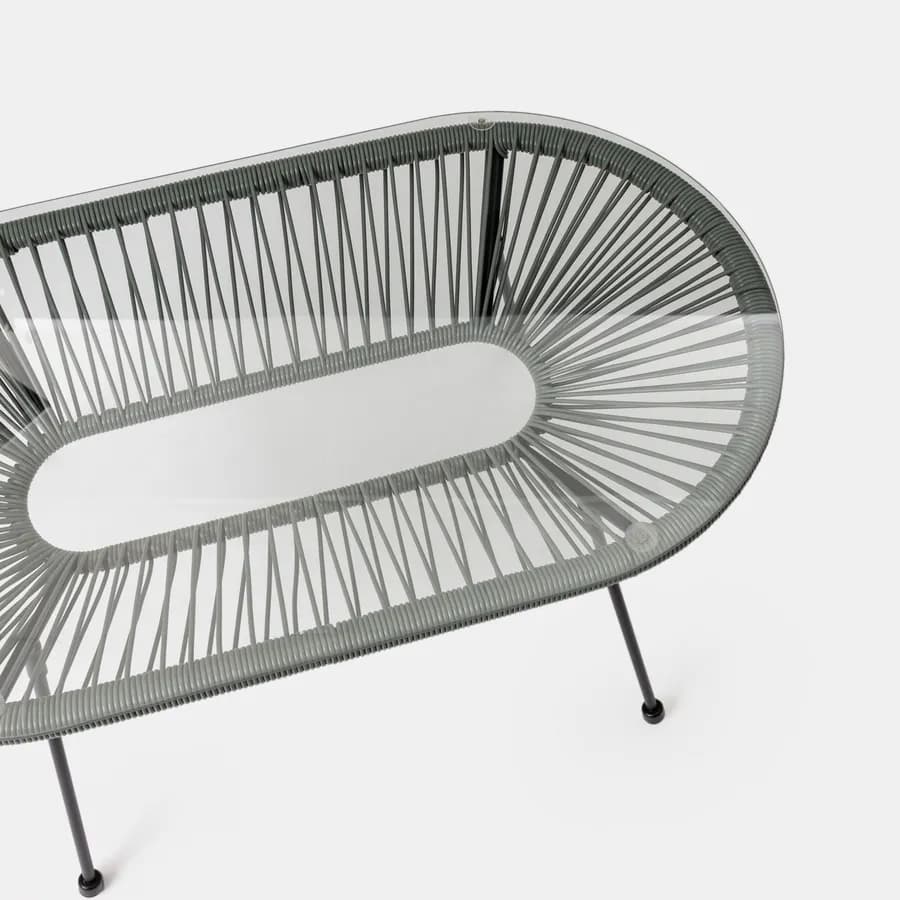 Tavolino da giardino 90x50 cm metallo nero e corda grigia con top in vetro - Kalimba