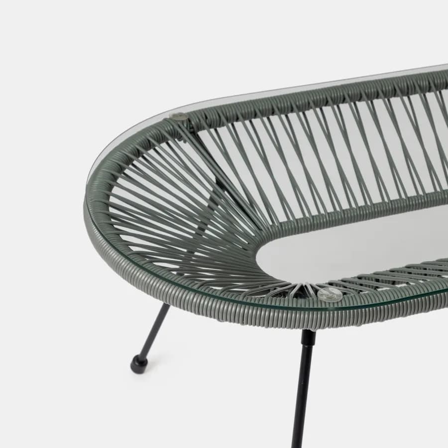 Tavolino da giardino 90x50 cm metallo nero e corda grigia con top in vetro - Kalimba