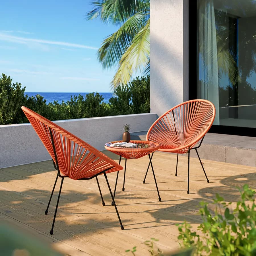 Tavolino da giardino rotondo 50 cm in metallo nero e corda arancione con top in vetro - Kalimba