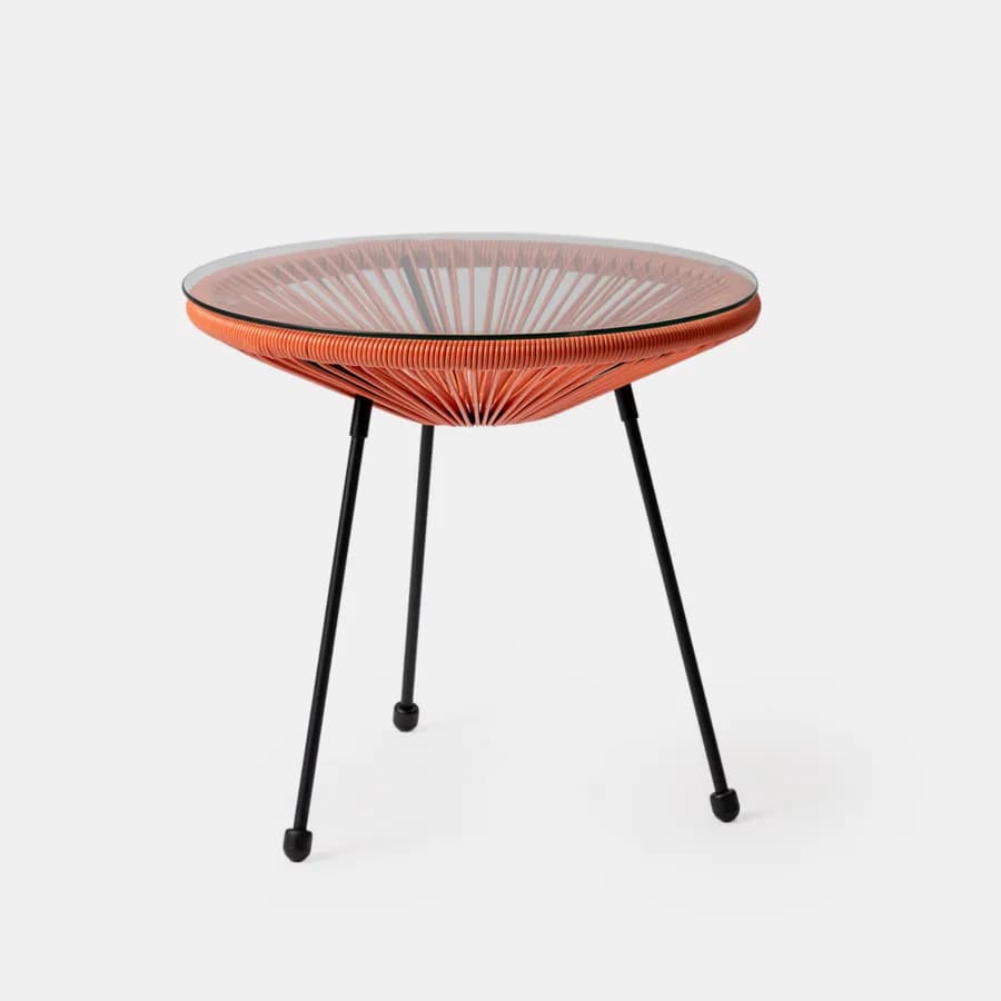 Tavolino da giardino rotondo 50 cm in metallo nero e corda arancione con top in vetro - Kalimba