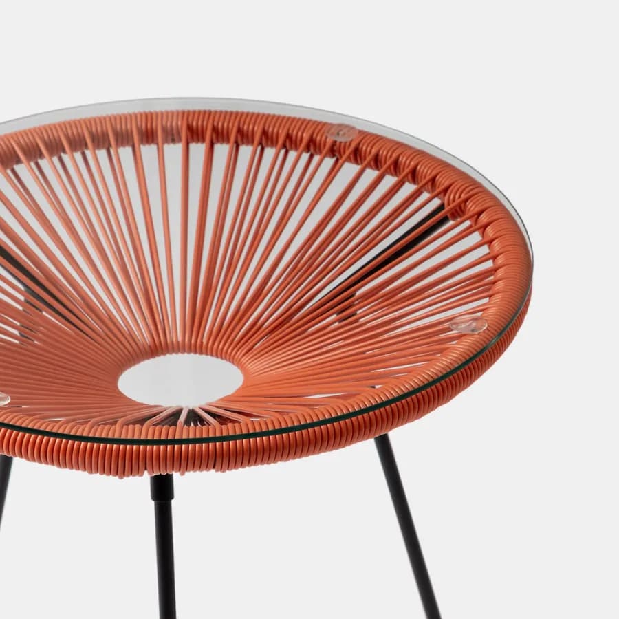Tavolino da giardino rotondo 50 cm in metallo nero e corda arancione con top in vetro - Kalimba