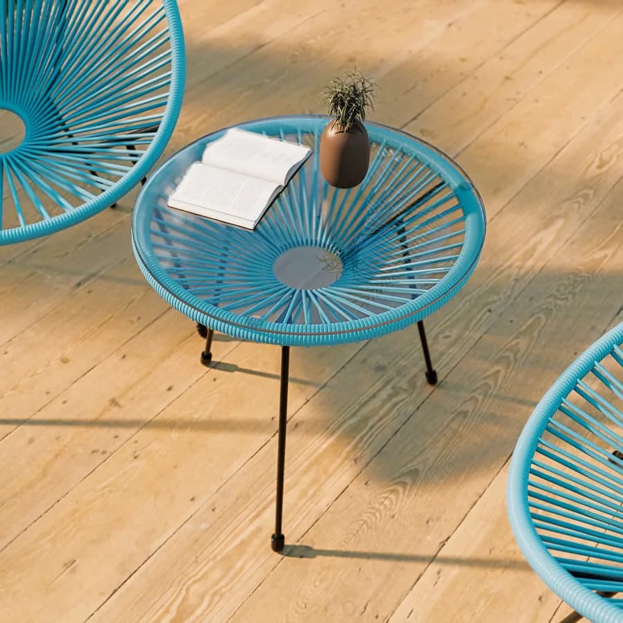Tavolino da giardino rotondo 50 cm in metallo nero e corda azzurro con top in vetro - Kalimba