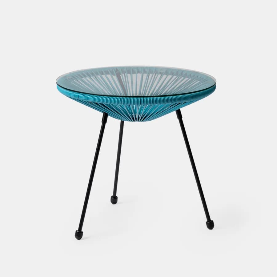 Tavolino da giardino rotondo 50 cm in metallo nero e corda azzurro con top in vetro - Kalimba