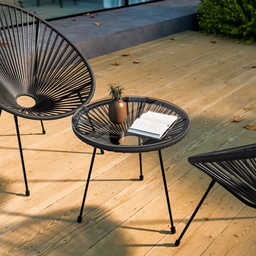 Tavolino da giardino rotondo 50 cm in metallo nero e corda nera con top in vetro - Kalimba