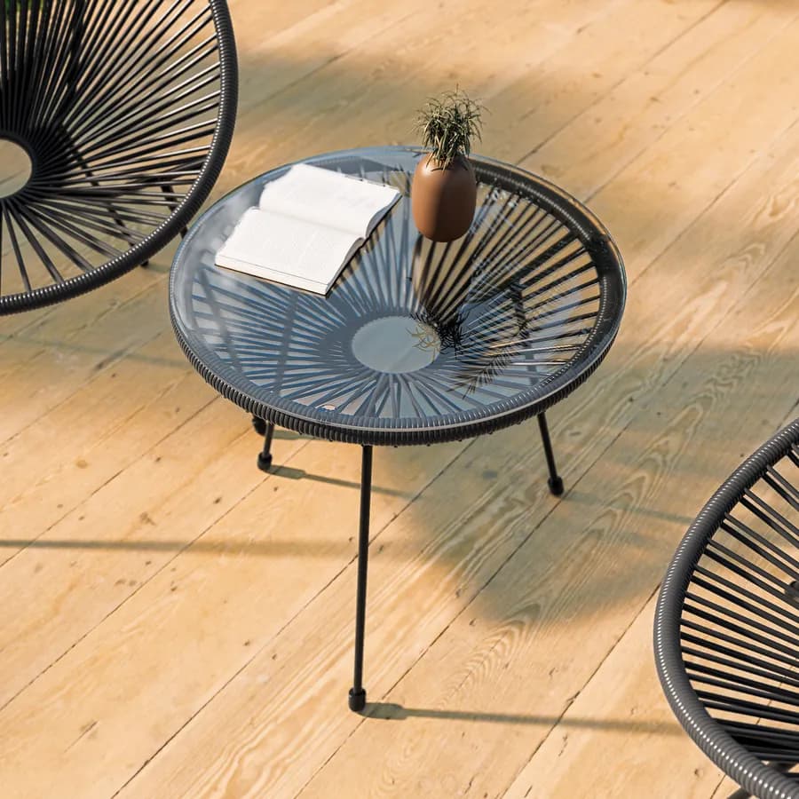 Tavolino da giardino rotondo 50 cm in metallo nero e corda nera con top in vetro - Kalimba