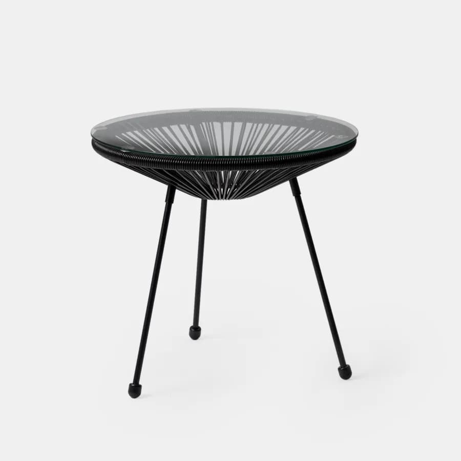 Tavolino da giardino rotondo 50 cm in metallo nero e corda nera con top in vetro - Kalimba