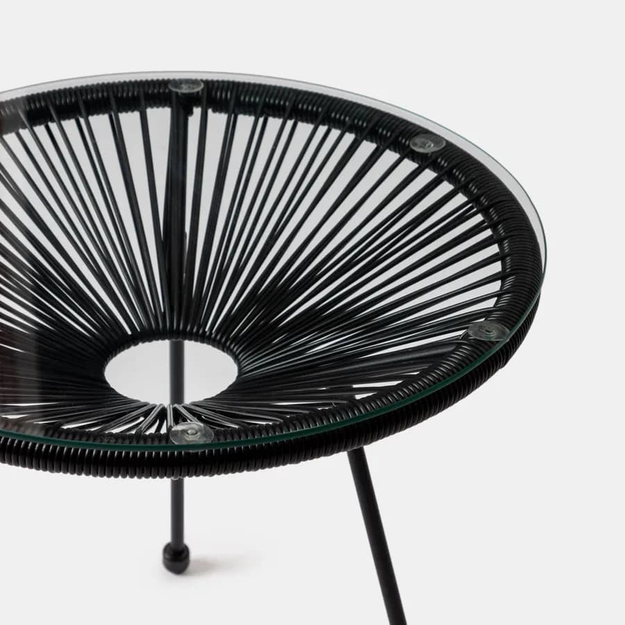 Tavolino da giardino rotondo 50 cm in metallo nero e corda nera con top in vetro - Kalimba