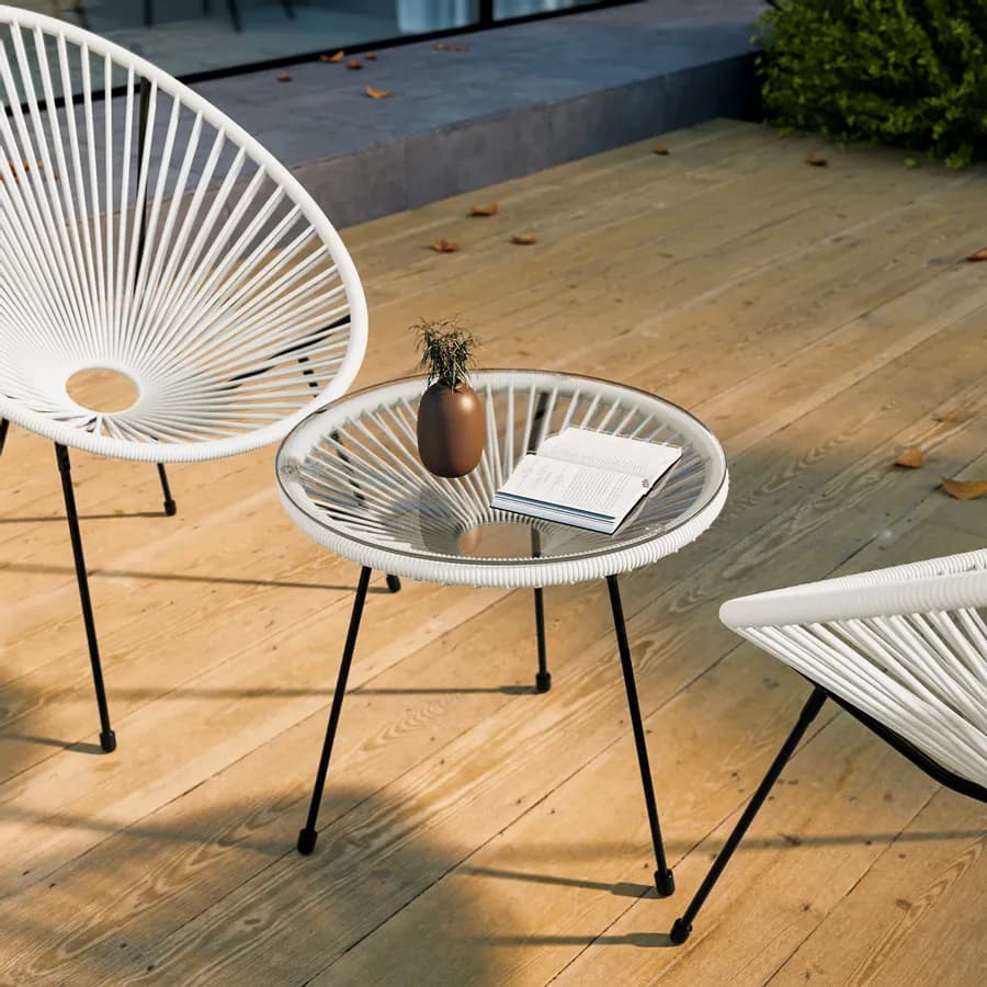 Tavolino da giardino rotondo 50 cm in metallo nero e corda bianca con top in vetro - Kalimba