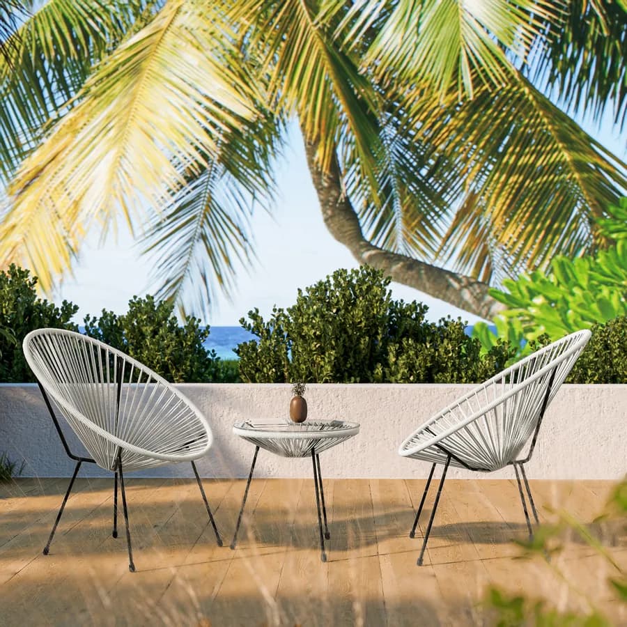 Tavolino da giardino rotondo 50 cm in metallo nero e corda bianca con top in vetro - Kalimba