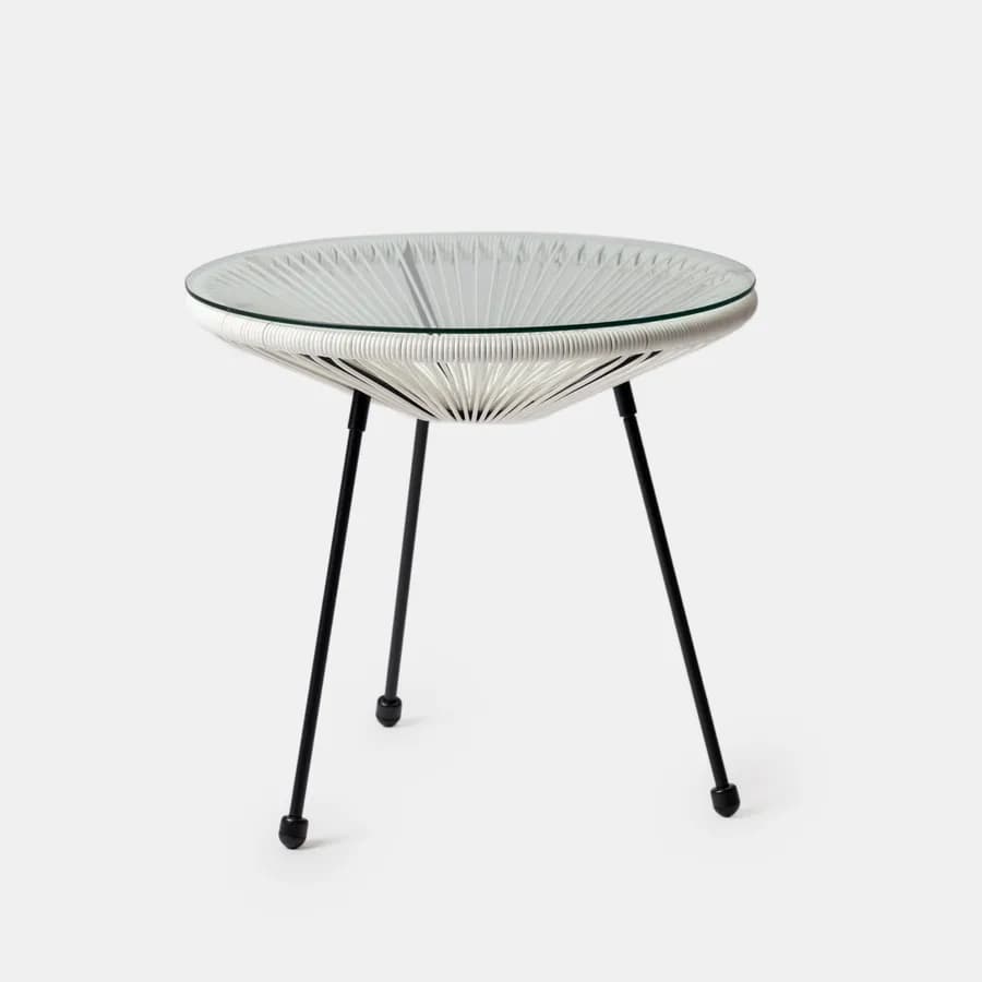Tavolino da giardino rotondo 50 cm in metallo nero e corda bianca con top in vetro - Kalimba