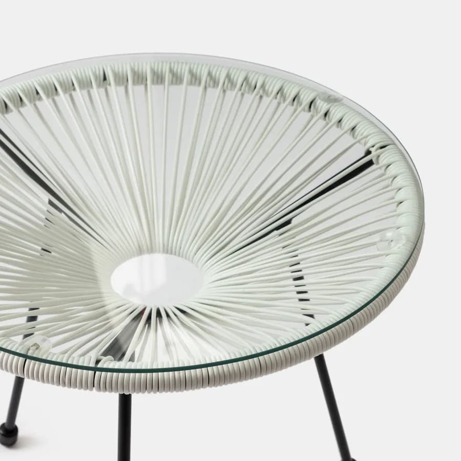 Tavolino da giardino rotondo 50 cm in metallo nero e corda bianca con top in vetro - Kalimba