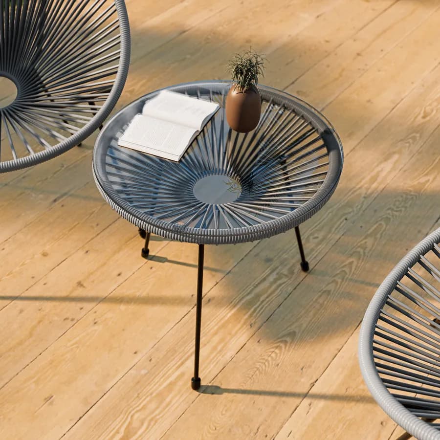 Tavolino da giardino rotondo 50 cm in metallo nero e corda grigia con top in vetro - Kalimba