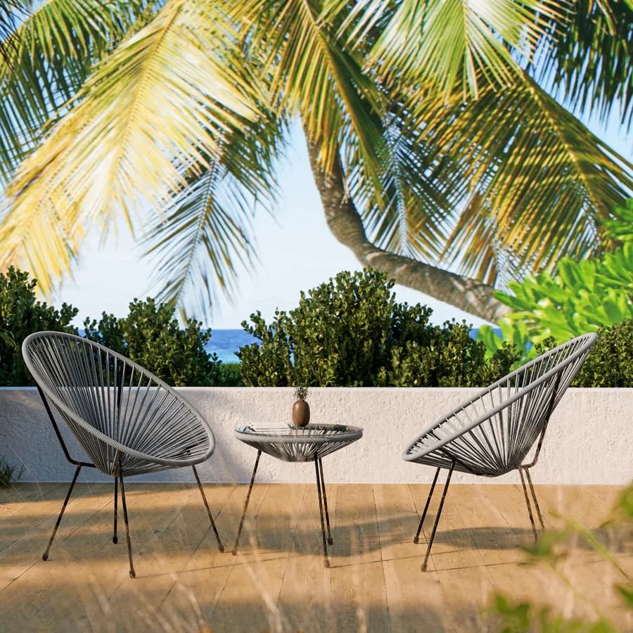Tavolino da giardino rotondo 50 cm in metallo nero e corda grigia con top in vetro - Kalimba