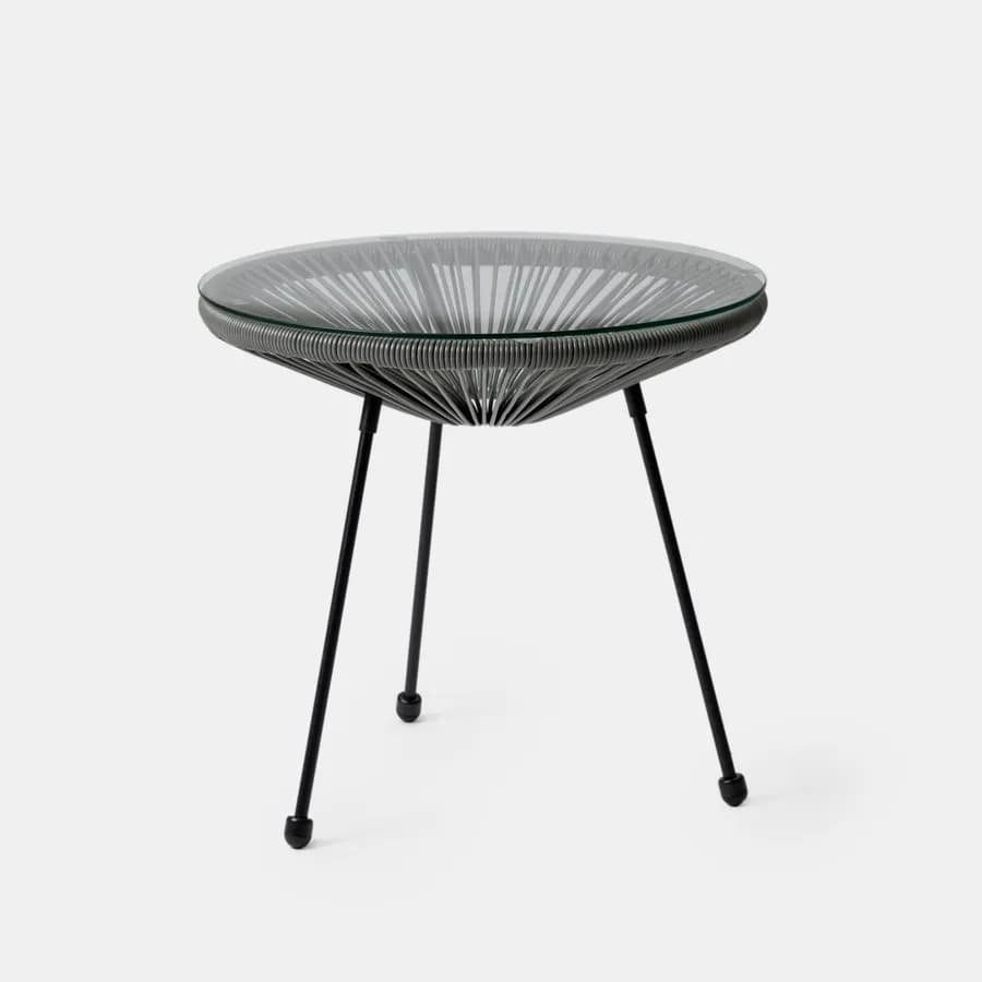 Tavolino da giardino rotondo 50 cm in metallo nero e corda grigia con top in vetro - Kalimba