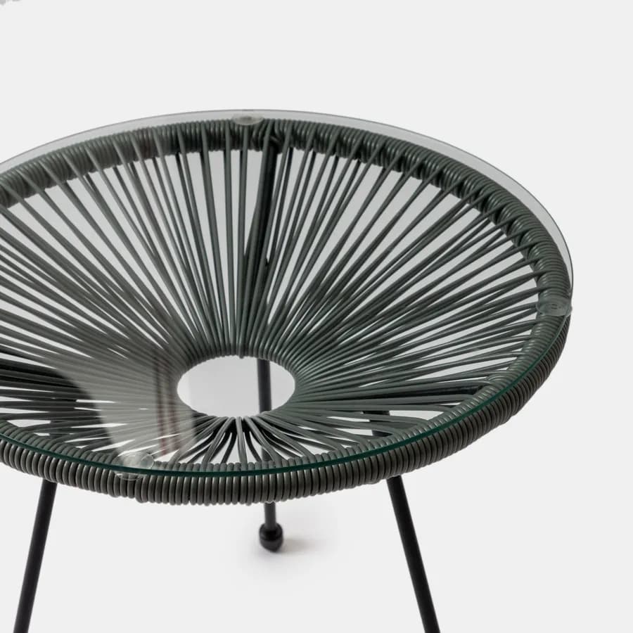 Tavolino da giardino rotondo 50 cm in metallo nero e corda grigia con top in vetro - Kalimba