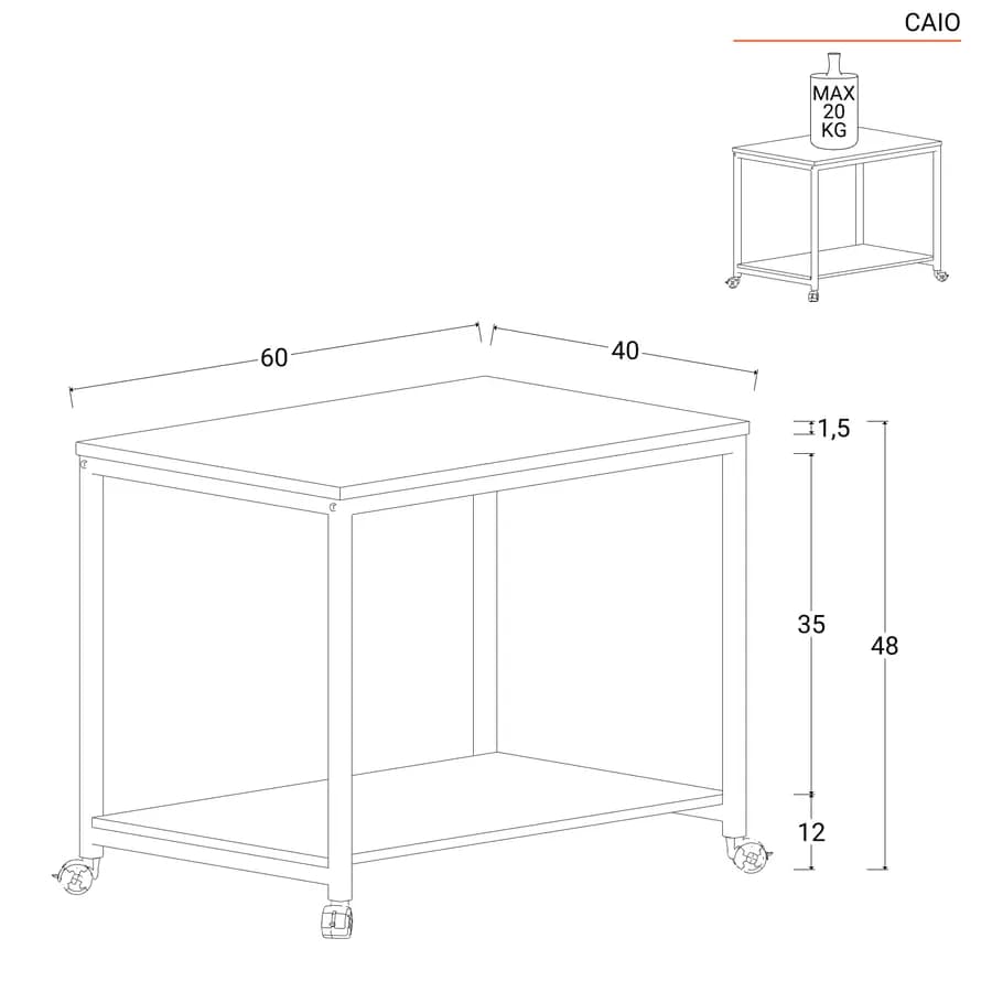 Tavolino 60x40 cm con due ripiani effetto rovere e metallo nero su ruote - Caio