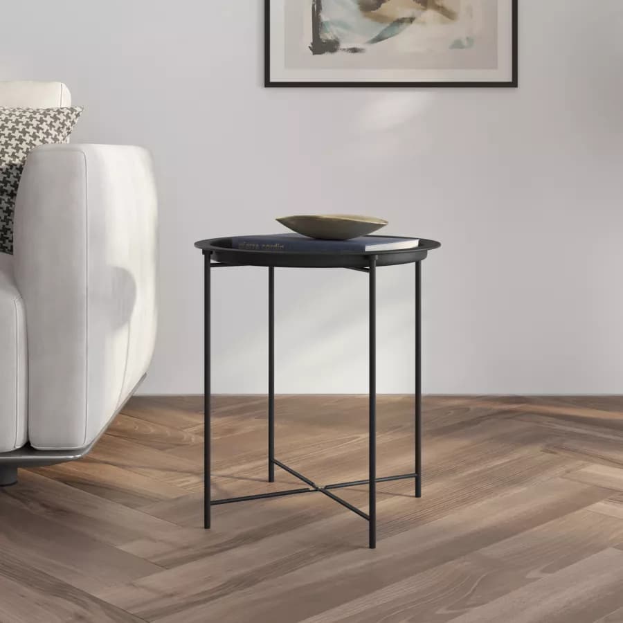Tavolino rotondo 47 cm in metallo nero con gambe pieghevoli e piano removibile - Verella