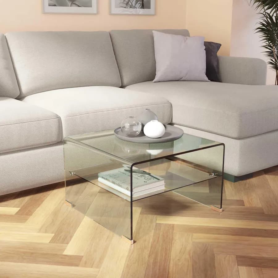 Tavolino 60x60 cm in vetro trasparente con ripiano - City