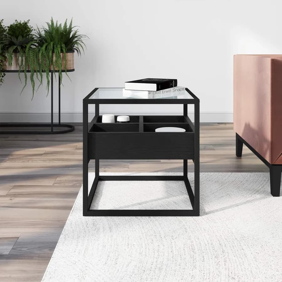 Tavolino 50x50 cm in metallo con top in vetro temperato e ripiano nero - Tod