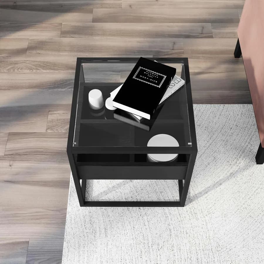 Tavolino 50x50 cm in metallo con top in vetro temperato e ripiano nero - Tod