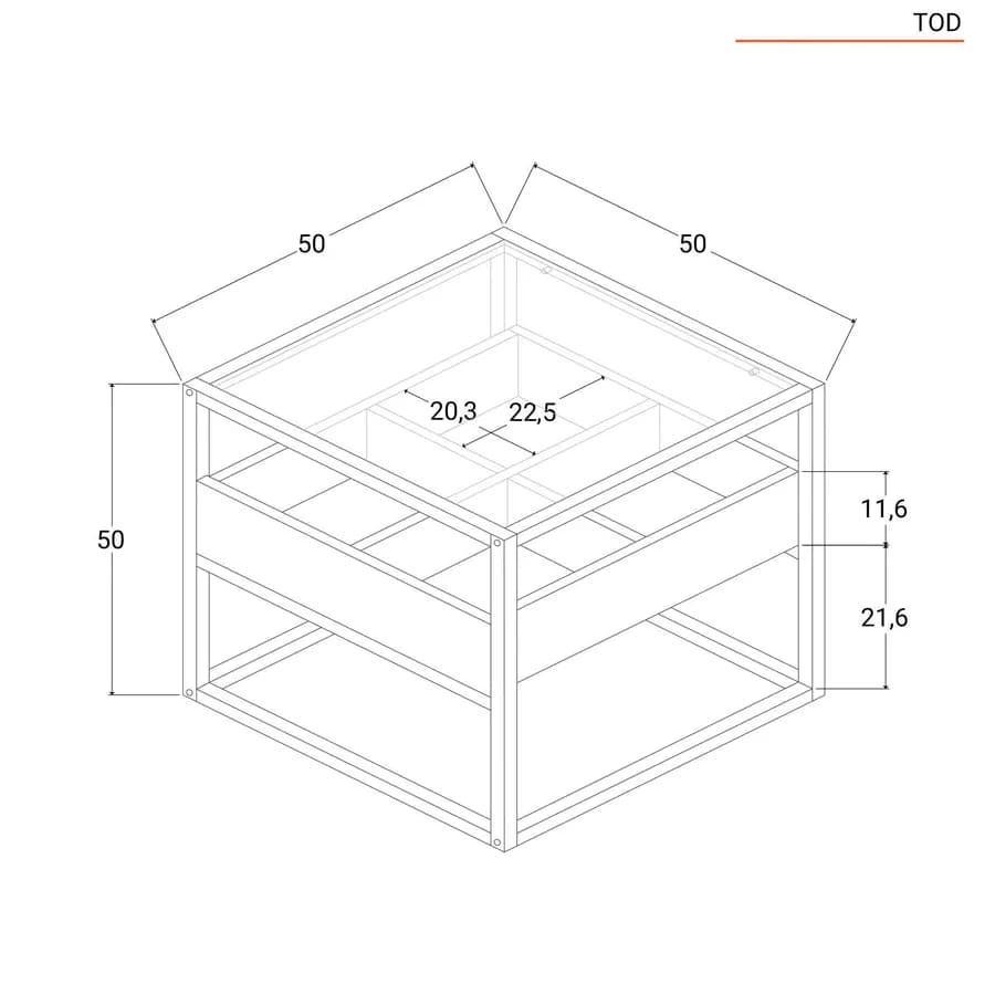 Tavolino 50x50 cm in metallo con top in vetro temperato e ripiano nero - Tod