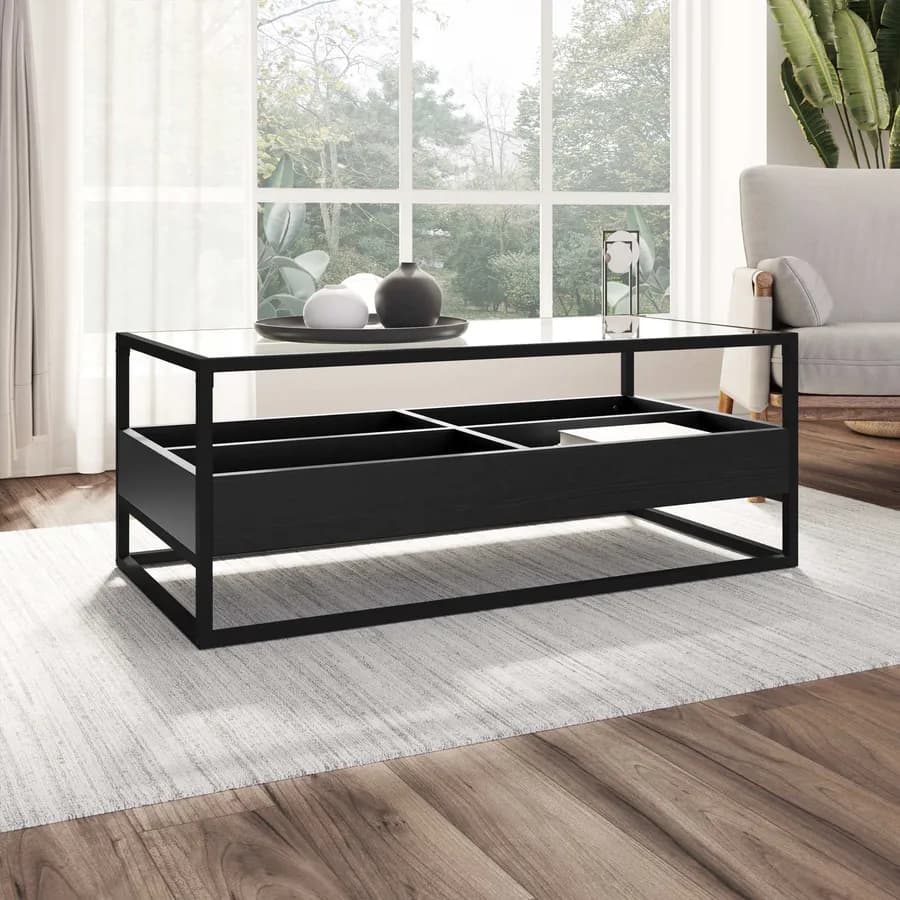 Tavolino 110x55 cm in metallo con top in vetro e ripiano nero - Tod