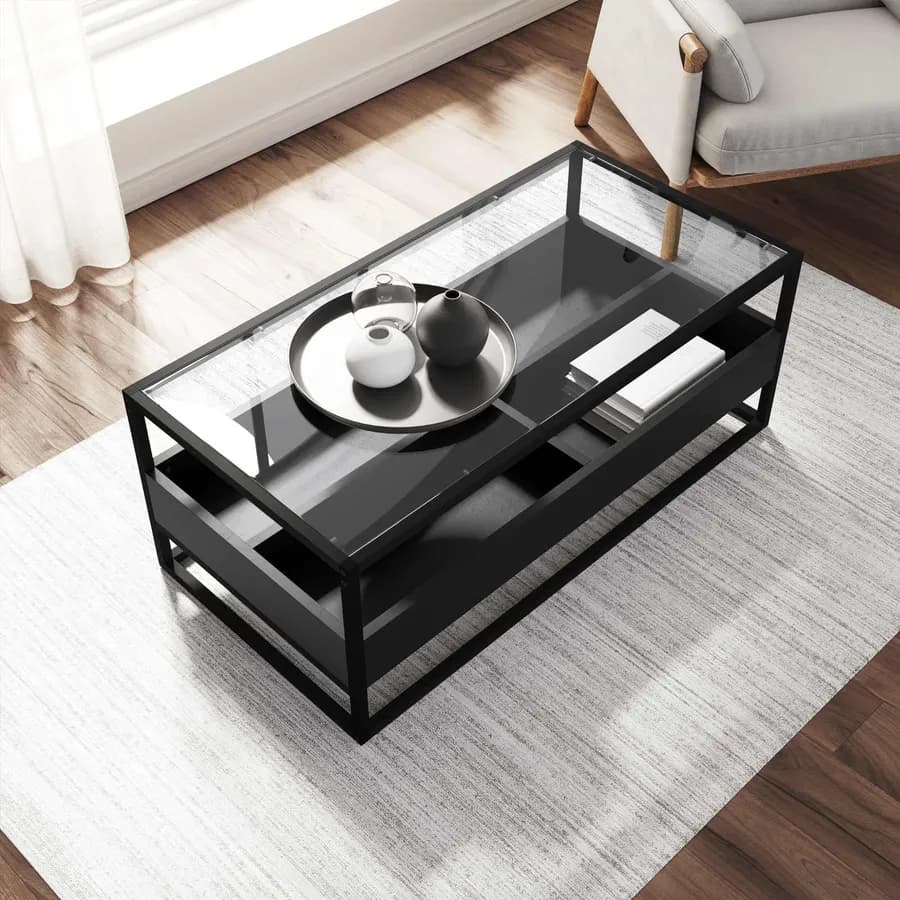 Tavolino 110x55 cm in metallo con top in vetro e ripiano nero - Tod