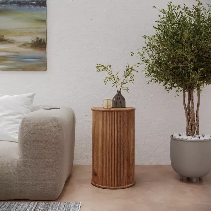 Tavolino rotondo 40 cm in legno di acacia cannettato - Freia Stone